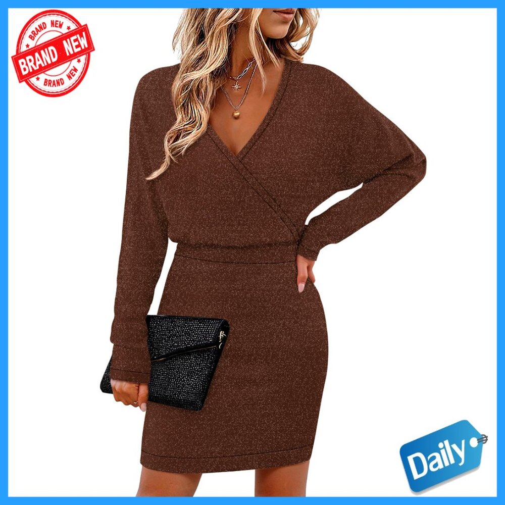 Sparkly Batwing Sleeve V-Neck Bodycon Midi Dress Elegant Cocktail Party Wear
